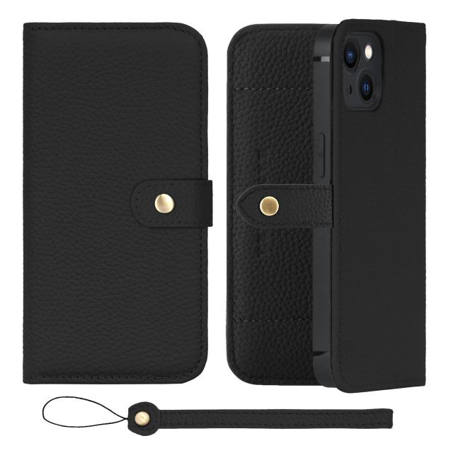 [HANATORA] iPhone14 ケース 手帳型 本革 シュリンクカーフレザー スマホケース スタンド機能 ベルトあり マグネットなし ブラック 黒 H1の通販は