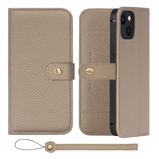 [HANATORA] iPhone14 ケース 手帳型 本革 シュリンクカーフレザー スマホケース スタンド機能 ベルトあり マグネットなし グレージュ H1SPB-14-Grege