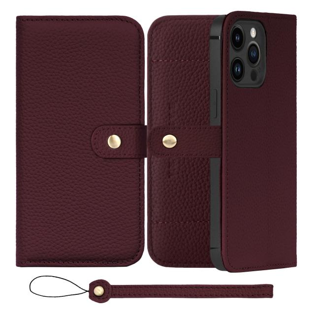 [HANATORA] iPhone14ProMax ケース 手帳型 本革 シュリンクカーフレザー スマホケース スタンド機能 ベルトあり マグネットなし ワインレッド H1SPB-14ProMax-Wine