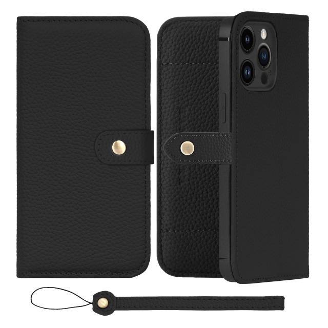 [HANATORA] iPhone15 ProMax ケース 手帳型 本革 シュリンクカーフレザー スマホケース スタンド機能 ベルトあり マグネットなし ブラック 黒 H1SPB-15ProMax-Blackその他家電