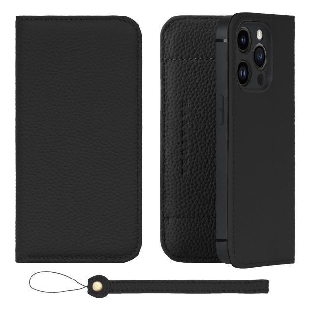 [HANATORA] iPhone15 Pro ケース 手帳型 本革 シュリンクカーフレザー スマホケース スタンド機能 ベルトなし マグネットなし ブラック 黒 H1SPA-15Pro-Black