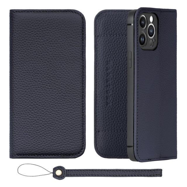 [HANATORA] iPhone13ProMax ケース 手帳型 本革 シュリンクカーフレザー スマホケース スタンド機能 ベルトなし マグネットなし ネイビー H1SPA-13ProMax-Navy