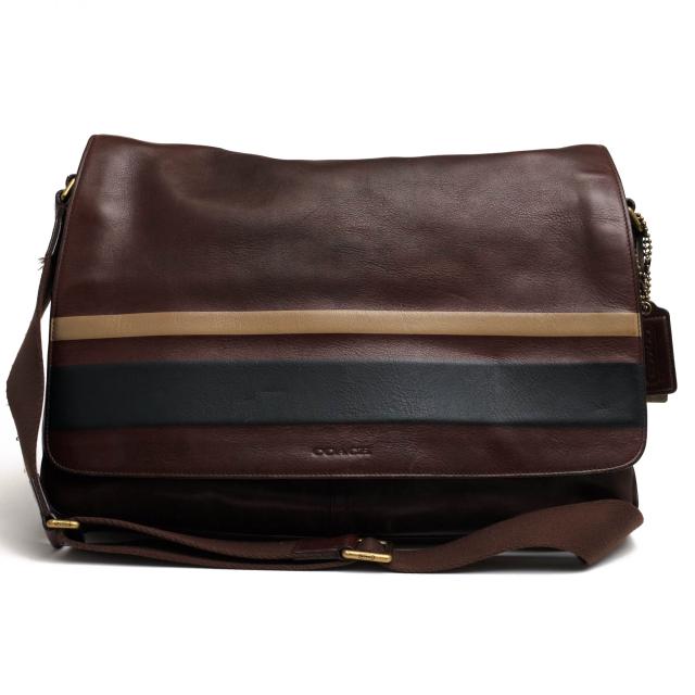 ○コーチ COACH 牛革 カーフ ショルダーバッグ 70986 Bleecker Debossed Stripe Leather Courier Bag ブリーカー A4サイズ収納可   中古