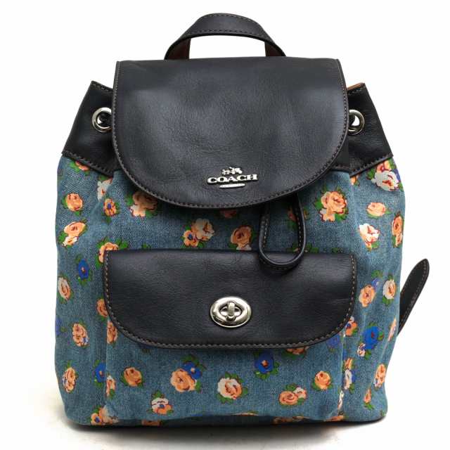 ○コーチ COACH 一部牛革 リュック F57754 MINI BILLIE BACKPACK IN PRINTED DENIM AND LEATHER ミニ ビリー バックパック フロー 中古