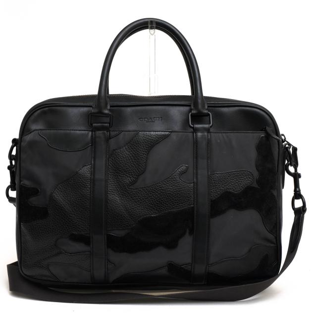 ○コーチ COACH リファインドカーフ ペブルドレザー 牛革 ビジネスバッグ F11635 Perry Slim Brief in Blackout Mixed Materials   中古