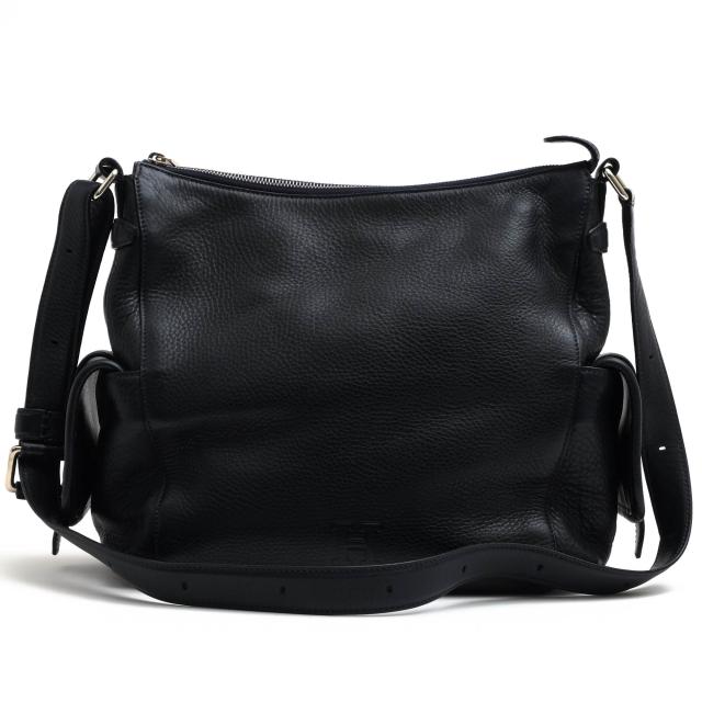 ○ヒロフ HIROFU 牛革 サイドポケット付き ショルダーバッグ Hロゴ シボ革 シュリンクレザー レディース 【中古】 中古