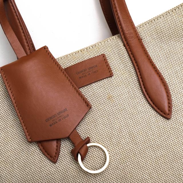 ○アルマーニ GIORGIO ARMANI コットンキャンバス 牛革 トートバッグ