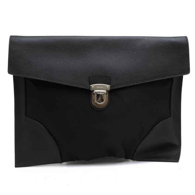 ○プラダ PRADA 伊リモンタ社ナイロン サフィアーノレザー 牛革 セカンドバッグ/クラッチバッグ 2VN089 TESSUTO SAFFIAN NERO A4サ 中古