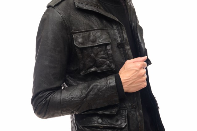 ○エイケイエム AKM 山羊革 A006 GT01 SAFARI LEATHER JACKET サファリジャケット フィールドジャケット M-65  ウォッシュ加工 メン 中古｜au PAY マーケット