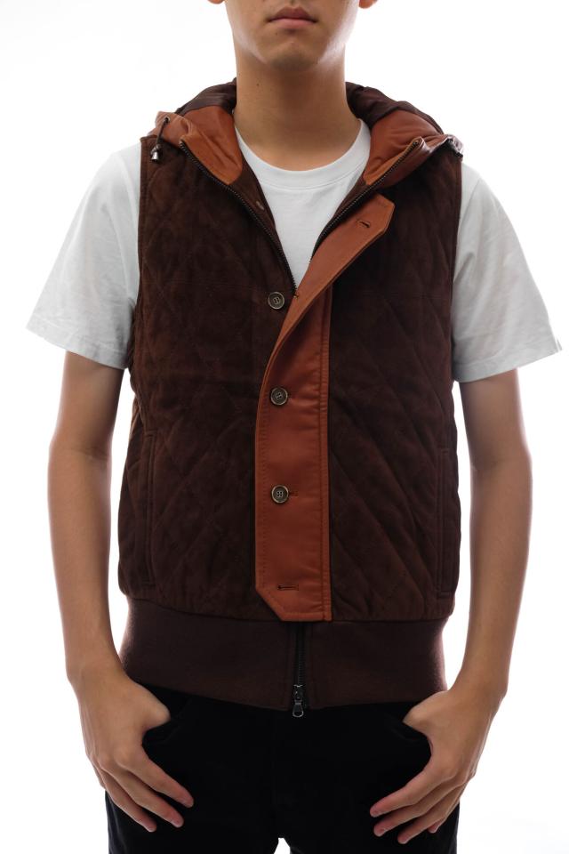 ○エンメティ EMMETI ゴートスキン ラムレザー 羊革 ベスト GELARD GL ジェラルド キルティング フード付き 中綿 メンズ 【中古】 中古