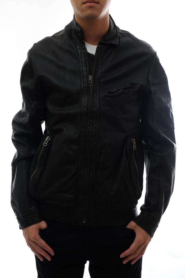 ○ディーゼル DIESEL シープスキン 羊革 BLACK GOLD ブラックゴールド シングルライダース 細身 ウォッシュ加工 リブ メンズ 【中  中古の通販は