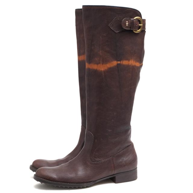 ○エンリーベグリン HENRY BEGUELIN 牛革 カーフ ロングブーツ オミノ刺繍 乗馬ブーツ ジョッキーブーツ ウォッシュ加工 レディー  中古