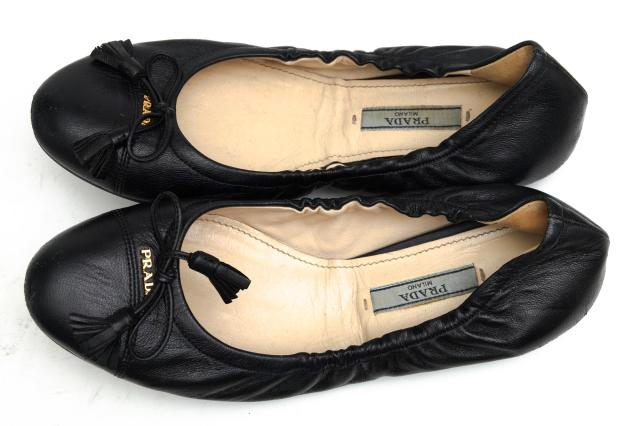 ○プラダ PRADA リボン 牛革 カーフ パンプス フラットパンプス