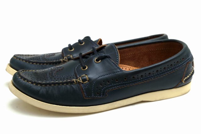 ○トム ブラウン Thom Browne 2013SS 牛革 デッキシューズ WINGTIP DECK SHOE IN NAVY CALF ウイングチップ スリッポン メンズ 【 中古