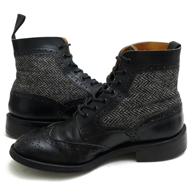○トリッカーズ Tricker's 牛革 レースアップブーツ M6972 Brogue Boot ツイード カントリーブーツ ウイングチップ ダイナイトソー 中古
