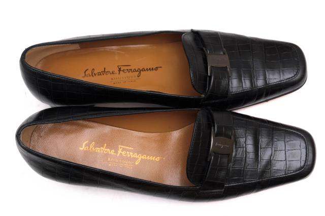 ○フェラガモ Salvatore Ferragamo 牛革 パンプス 53D0 24720 レザーソール クロコ型押し スリッポン レディース 【中古】 中古_4