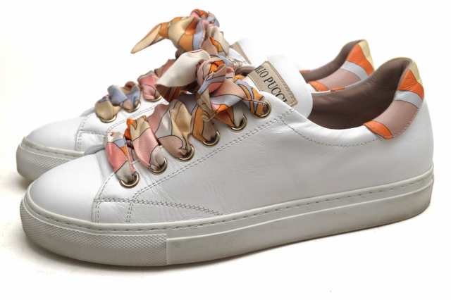 ○エミリオ・プッチ EMILIO PUCCI カーフ 牛革 ローカットスニーカー 9ECE90 Ribbon Lace-up Twill Trainers スカーフ 中古