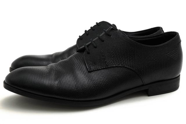 ○アルマーニ EMPORIO ARMANI 牛革 カーフ ビジネスシューズ X4C530 XF349 DERBY MATT CALF LIZARD PRINTED イーグルロゴ プレーン 中古