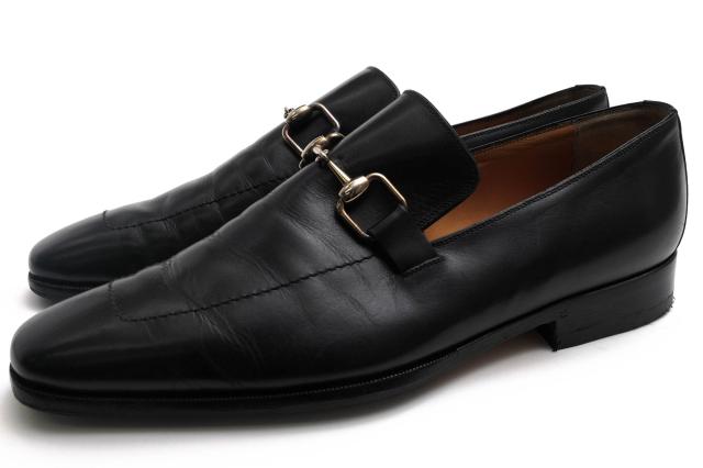 ○グッチ GUCCI 牛革 カーフ ビットローファー 204396 Bamboo Horsebit Detail Loafer ホースビット レザーソール 定番 マッケイ製 中古