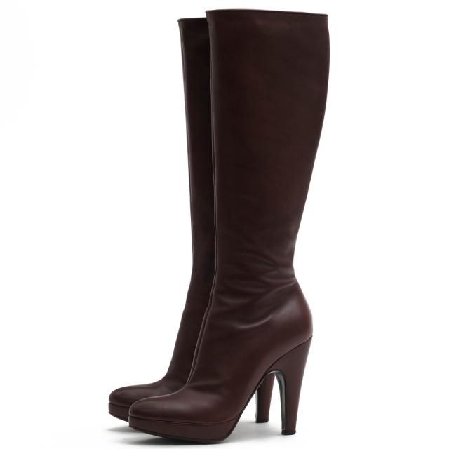 ○プラダ PRADA 牛革 カーフ ロングブーツ サイドジップ ハイヒール レディース 【中古】 中古