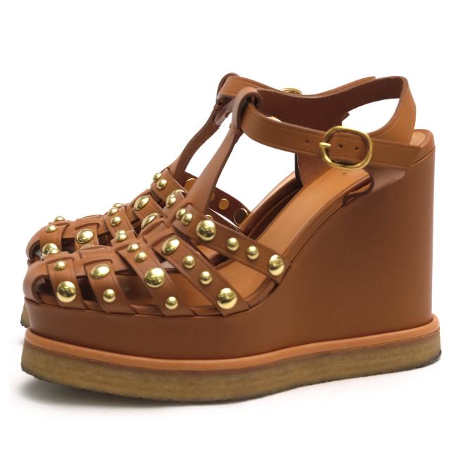 ○セリーヌ CELINE カーフスキン 牛革 サンダル 338343363C.04LU Manon Wedge Sandal in Calfskin グラディエーター クレープソー  中古