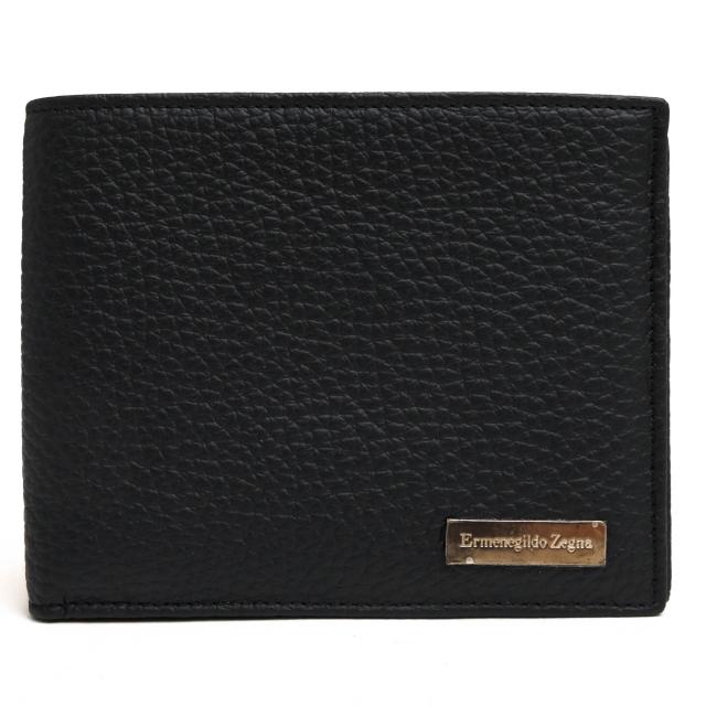 ○ゼニア Ermenegildo Zegna 牛革 カーフ 財布 62-E0121A-BOX-NER 小銭入れなし 札入れ 二つ折り シボ革 シュリンクレザー メンズ  中古