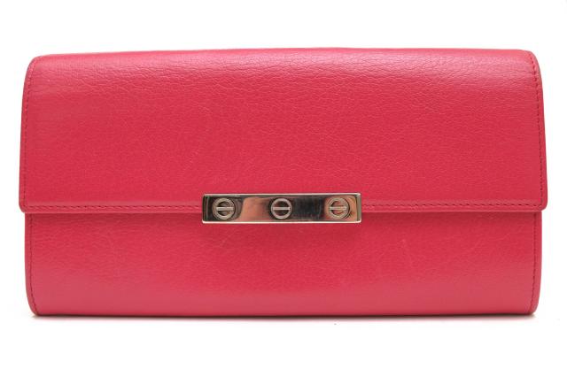 ○カルティエ Cartier 山羊革 ゴートスキン 長財布 L3001376 INT WALLET LOVE 2 GUSSETS FUCHSIA GOAT ラブ 封筒モチーフ 小銭入れ 中古