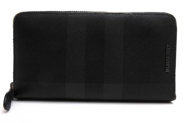 ○バーバリー BURBERRY  長財布 8064586 Charcoal Check and Leather Ziparound Wallet ラウンドジップ ラウンドファスナー メンズ 中古