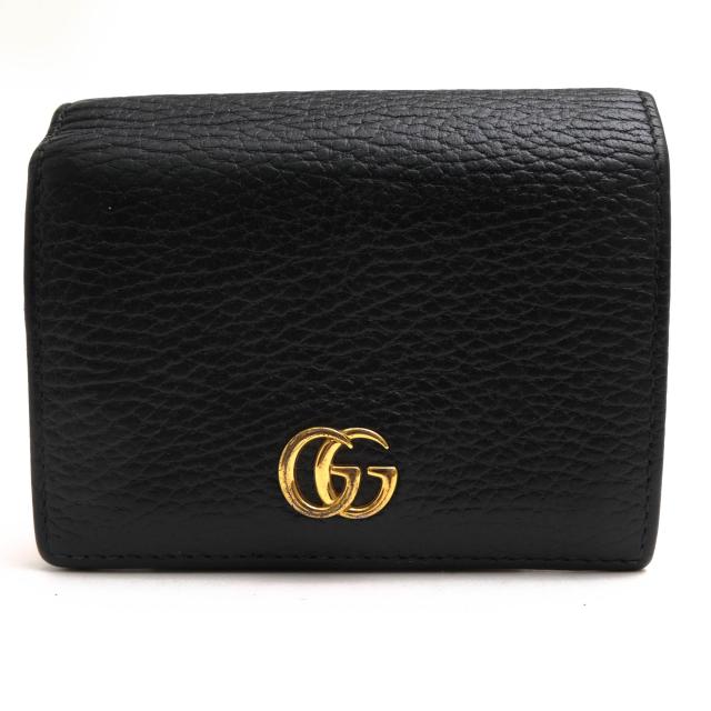 ○グッチ GUCCI ソフトカーフスキン 牛革 財布 456126 Black Leather Card Case Wallet GGマーモント金具 小銭入れあり 二つ折り   中古