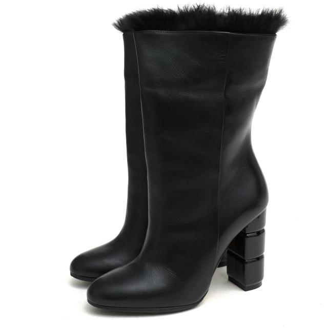 ○フェラガモ Salvatore Ferragamo 牛革 カーフ ブーティー ミドルブーツ Loris Fur trimmed Boots サイドジップ ファー 毛皮 プレ 中古
