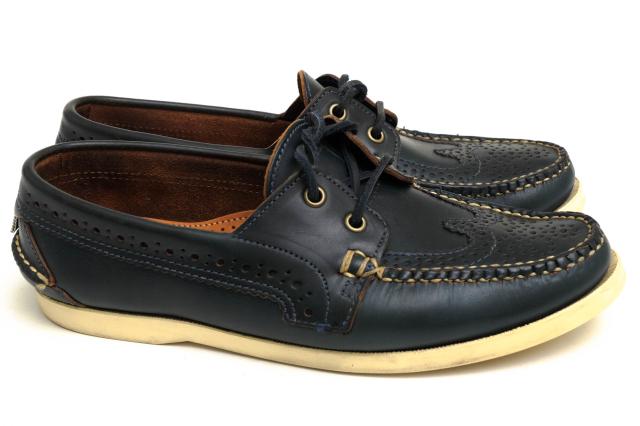 ○トム ブラウン Thom Browne 2013SS 牛革 デッキシューズ WINGTIP DECK SHOE IN NAVY CALF ウイングチップ スリッポン メンズ 【 中古