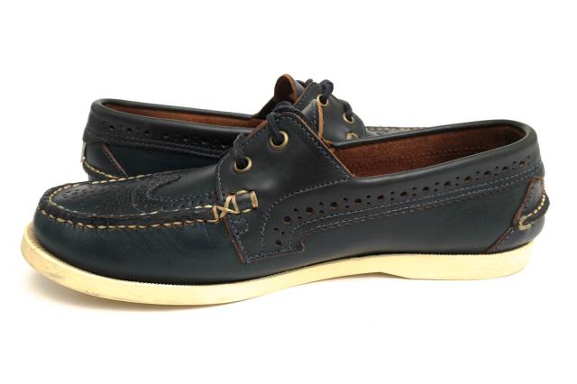 ○トム ブラウン Thom Browne 2013SS 牛革 デッキシューズ WINGTIP DECK SHOE IN NAVY CALF ウイングチップ スリッポン メンズ 【 中古