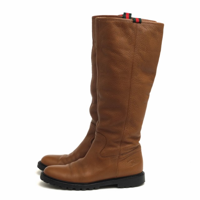 ○グッチ GUCCI 牛革 カーフ ラビットファー ロングブーツ Saint Moritz Knee High Boots ムートンブーツ ファー 毛皮 プレーント 中古