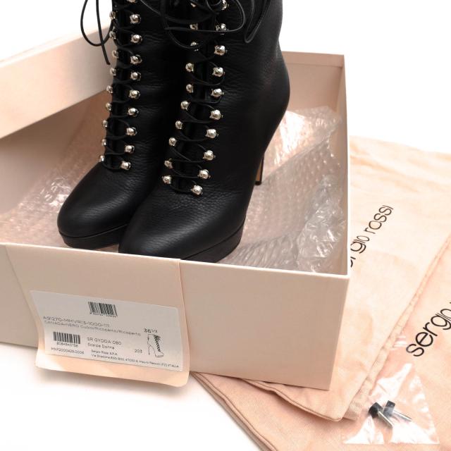 ○セルジオロッシ Sergio Rossi 牛革 カーフ ショートブーツ A91270 シボ革 シュリンクレザー サイドジップ ハイヒール レディース 中古 ○セルジオロッシ Sergio Rossi 牛革 カーフ ショートブーツ A91270