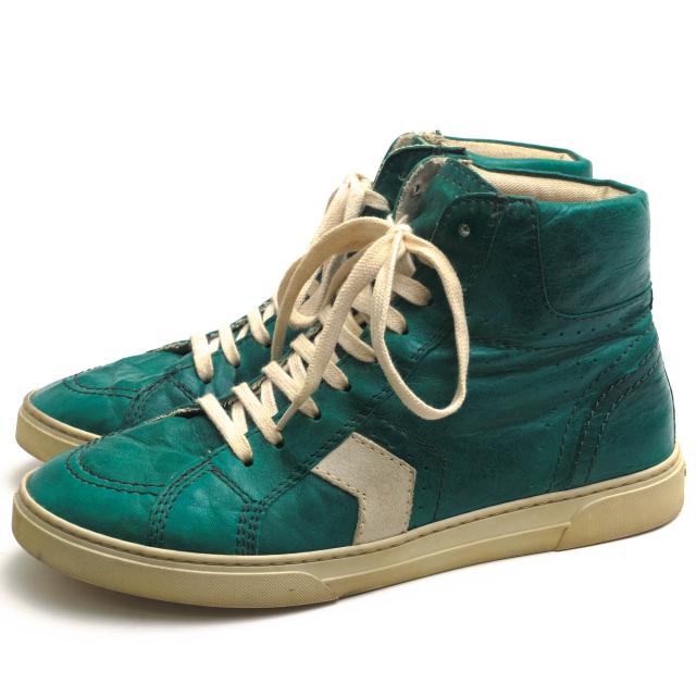 ○サンローラン YVES SAINT LAURENT 牛革 カーフ ハイカットスニーカー 485187 0AZ10 3138 JOE MID TOP SNEAKER IN VINTAGE GREEN  中古