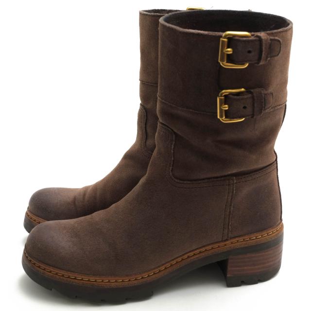 ○プラダ PRADA 牛革 エンジニアブーツ 3U5360 SCAMOSCIATO OLD EBANO ショートエンジニア プレーントゥ レディース 【中古】 中古