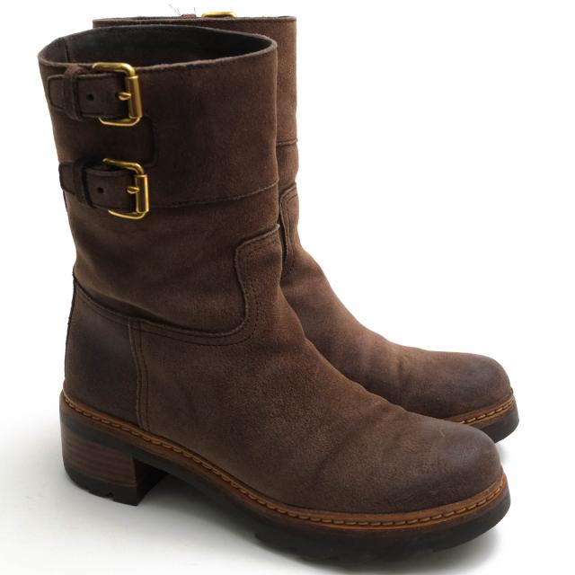 ○プラダ PRADA 牛革 エンジニアブーツ 3U5360 SCAMOSCIATO OLD EBANO ショートエンジニア プレーントゥ レディース 【中古】 中古_1