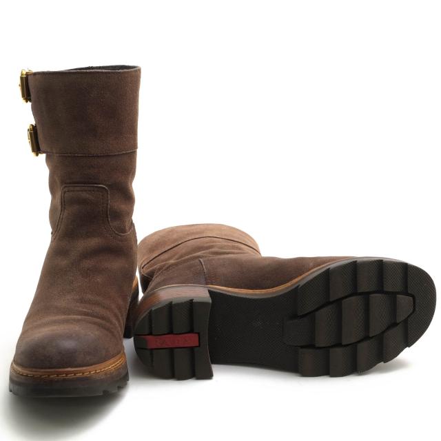 ○プラダ PRADA 牛革 エンジニアブーツ 3U5360 SCAMOSCIATO OLD EBANO ショートエンジニア プレーントゥ レディース 【中古】 中古_6