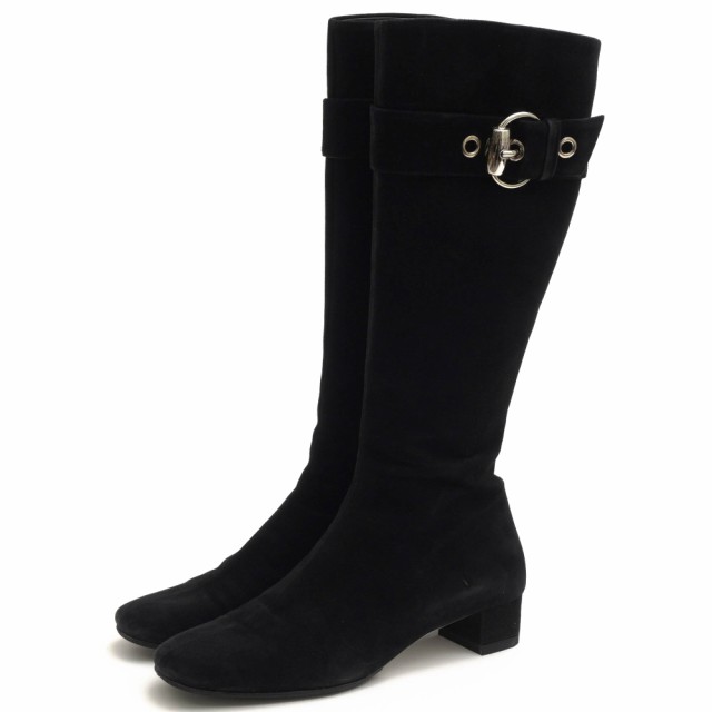 ○グッチ GUCCI 牛革 ロングブーツ 182010 ベルトデザイン サイドジップ プレーントゥ レザーソール レディース 【中古】 中古の通販は 20,336円