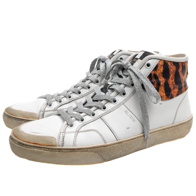 ○サンローラン YVES SAINT LAURENT by HEDI SLIMANE エディ・スリマン カーフ 牛革 2016SS チェッカーフラッグ柄 ハイカットスニ  中古