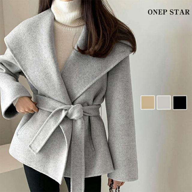 ワイドカラーウエストベルト付きコート レディース アウター チェスターコート ミドル ロング ウール調 ワイドカラー 秋 冬 20代 40代 50代 ワンピスター 30代