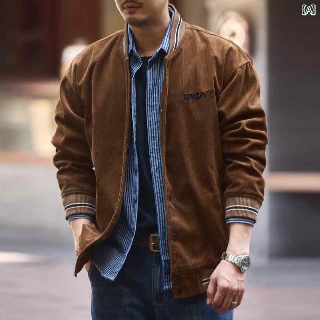 メンズ ファッション 春夏 秋冬 かっこいい オシャレ モテ 男性用 紳士服 服 韓国 シンプル 大人 グリーン ディア ハイエンド レトロ コーデュロイ ベースボール ジャケット 刺繍