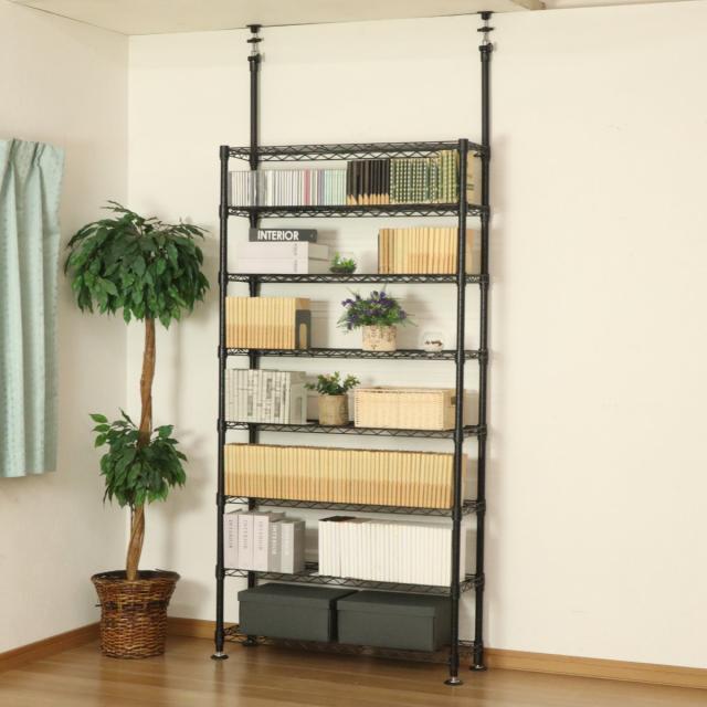 突っ張り スチールラック 幅93cm 8段 高耐荷重 簡単組立 （ つっぱり棚 ラック スリム 棚 メタル 収納棚 壁面収納 黒 収納ラック スリムラック キッチンラック ランドリーラック 本棚 省スペース 転倒防止 地震対策 ）_14
