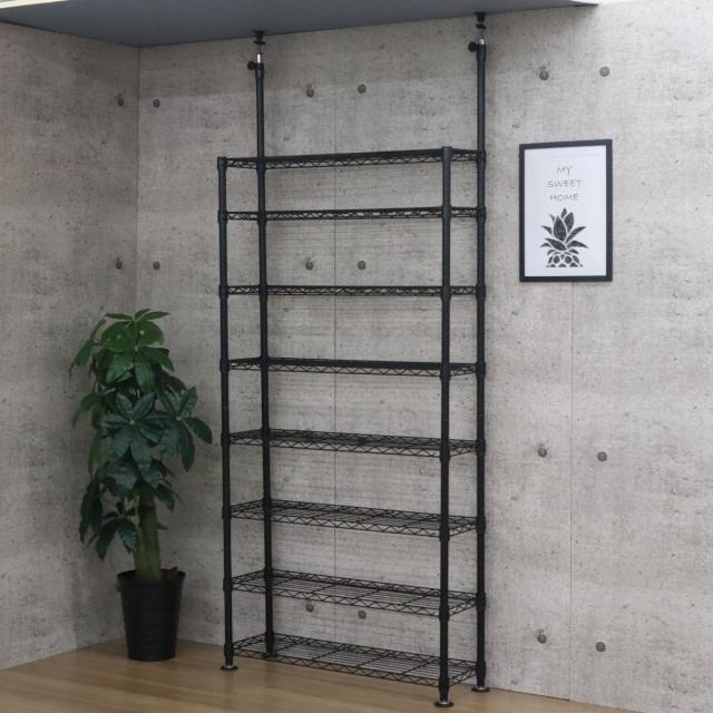 突っ張り スチールラック 幅93cm 8段 高耐荷重 簡単組立 （ つっぱり棚 ラック スリム 棚 メタル 収納棚 壁面収納 黒 収納ラック スリムラック キッチンラック ランドリーラック 本棚 省スペース 転倒防止 地震対策 ）_4