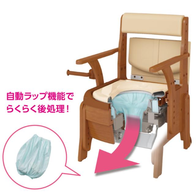 ポータブルトイレ コンパクト 暖房便座 自動ラップ キャスター付 家具調セレクトR ノーマル ひじ掛けタイプ 介護用 日本製 （ 省スペース 洋式 樹脂製 天然木 洋式トイレ 肘付き 便座 腰掛便座 介護用品 ）