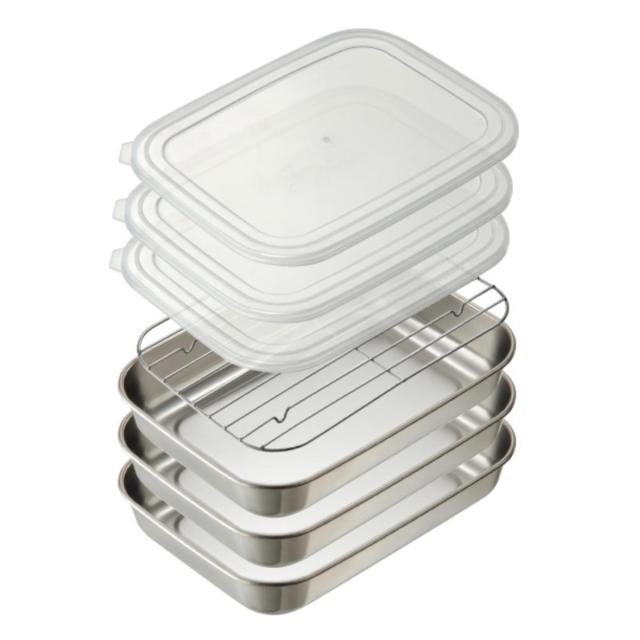 シンプルで使いやすいバットセット 大 日本製 フタ付き （ ステンレスバット 角バット アミ フタ セット 積み重ね コンパクト 収納 保存容器 下ごしらえ用品 調理用品 ）の通販は