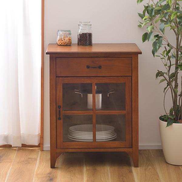 ミニキャビネット 片開き 引出し付 天然木 エスニック調 Timber 幅60cm （ キャビネット リビング収納 食器棚 収納 キッチン 飾り棚 木製 完成品 キッチンキャビネット レトロ ガラス扉 ブラウン おしゃれ 食器棚 完成品）の通販は 27,580円