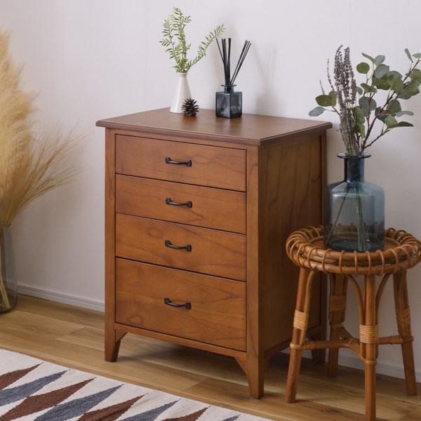 ミニチェスト 4段 天然木 エスニック調 Timber 幅60cm （ 収納 リビングチェスト たんす リビング収納 木製 完成品 収納棚 リビングボード レトロ チェスト ブラウン おしゃれ ）の通販は