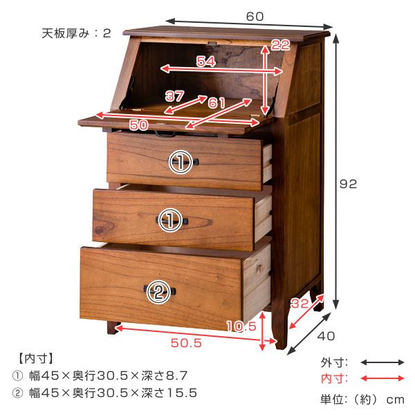 ライティングチェスト 引出し 3段 天然木 エスニック調 Timber 幅60cm （ ライティングビューロー デスク チェスト ビューロー 木製 完成品 書斎デスク 収納 レトロ 折りたたみ 机 収納付き 引出し付き チェストタンス 完成品）_3