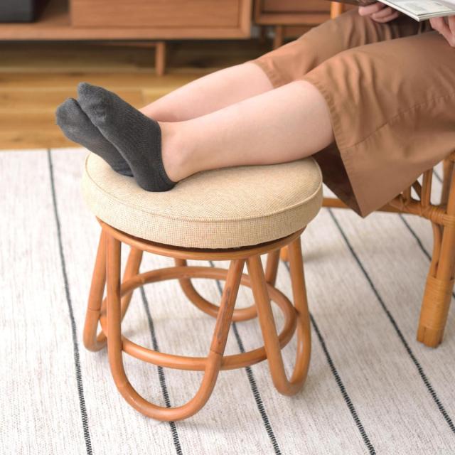 回転スツール 2脚組 クッション付 籐フレーム 座面高35.5cm （ 同色2脚